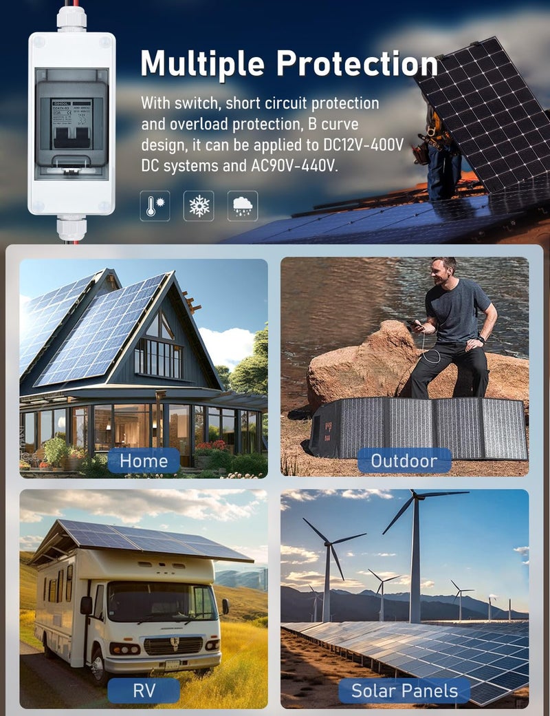 DIHOOL Solar Panel Disconnect Switch with IP65 Din Box, 20 Amp Dual Pole 12V-400V, Non Polarized AC DC Miniature Circuit Breaker, PV Array Shut Off Isolator - Image 2